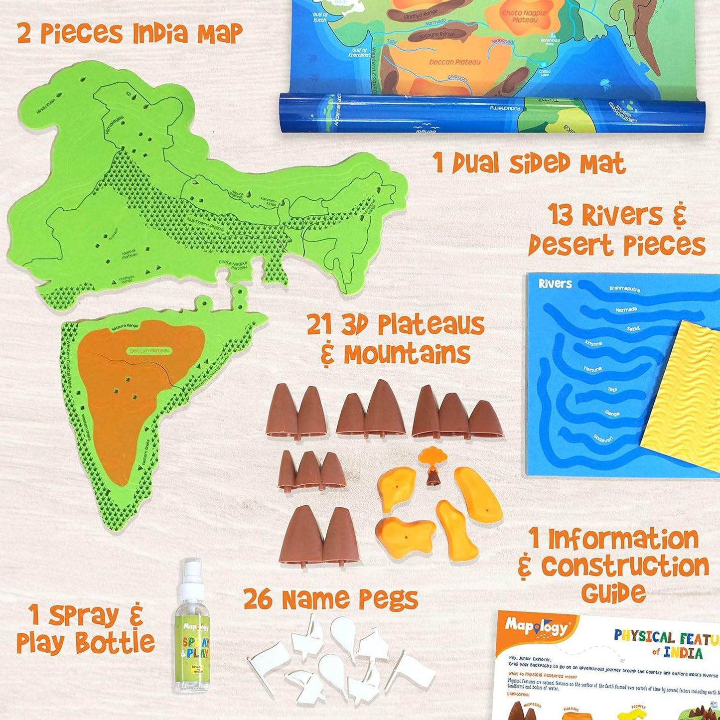 Mapology Physical Features of India puzzle with 2 India map pieces, 13 rivers and desert pieces, 21 3D plateaus and mountains, and play accessories