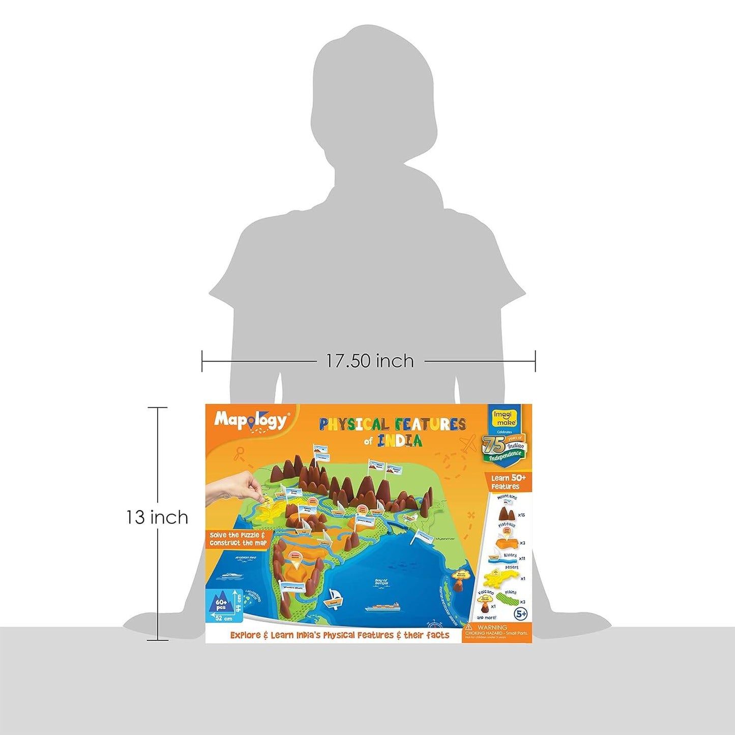 Mapology Physical Features of India puzzle educational kit showing a colorful 3D map with mountains and rivers