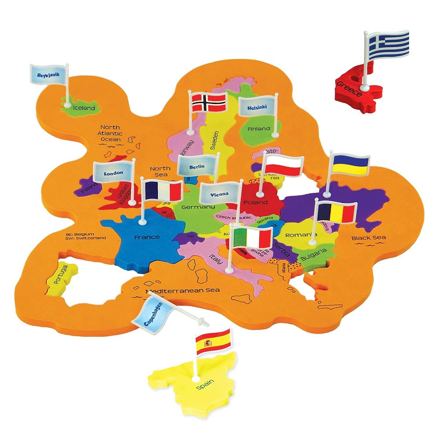 Mapology world flags and capitals game featuring colorful Europe map pieces with country flags and capital cities