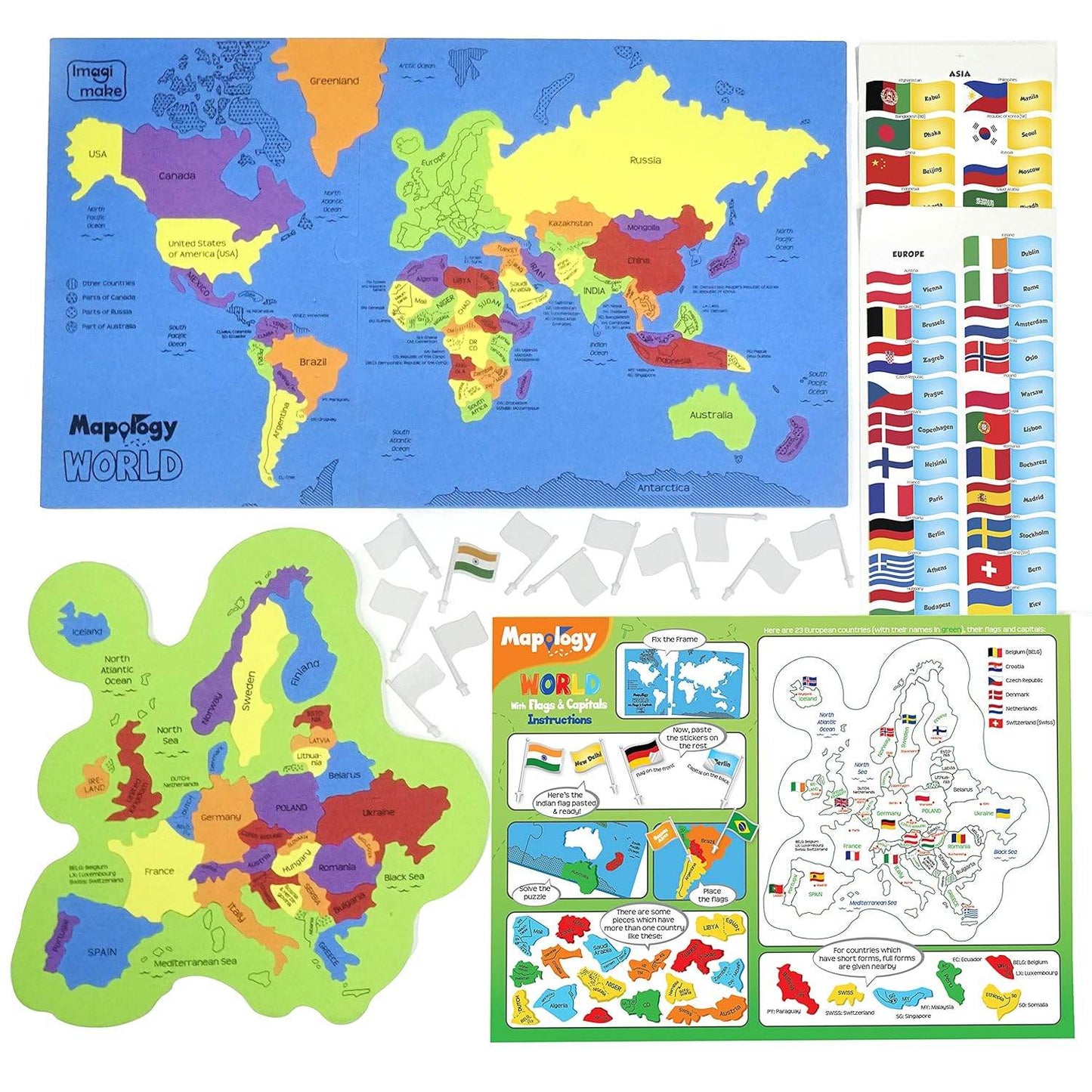 Mapology world flags and capitals game with colorful world and Europe maps flags and country name cards