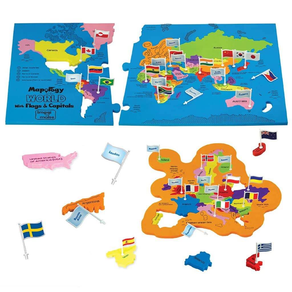 Mapology world flags and capitals game with colorful puzzle pieces of countries and flags for educational fun