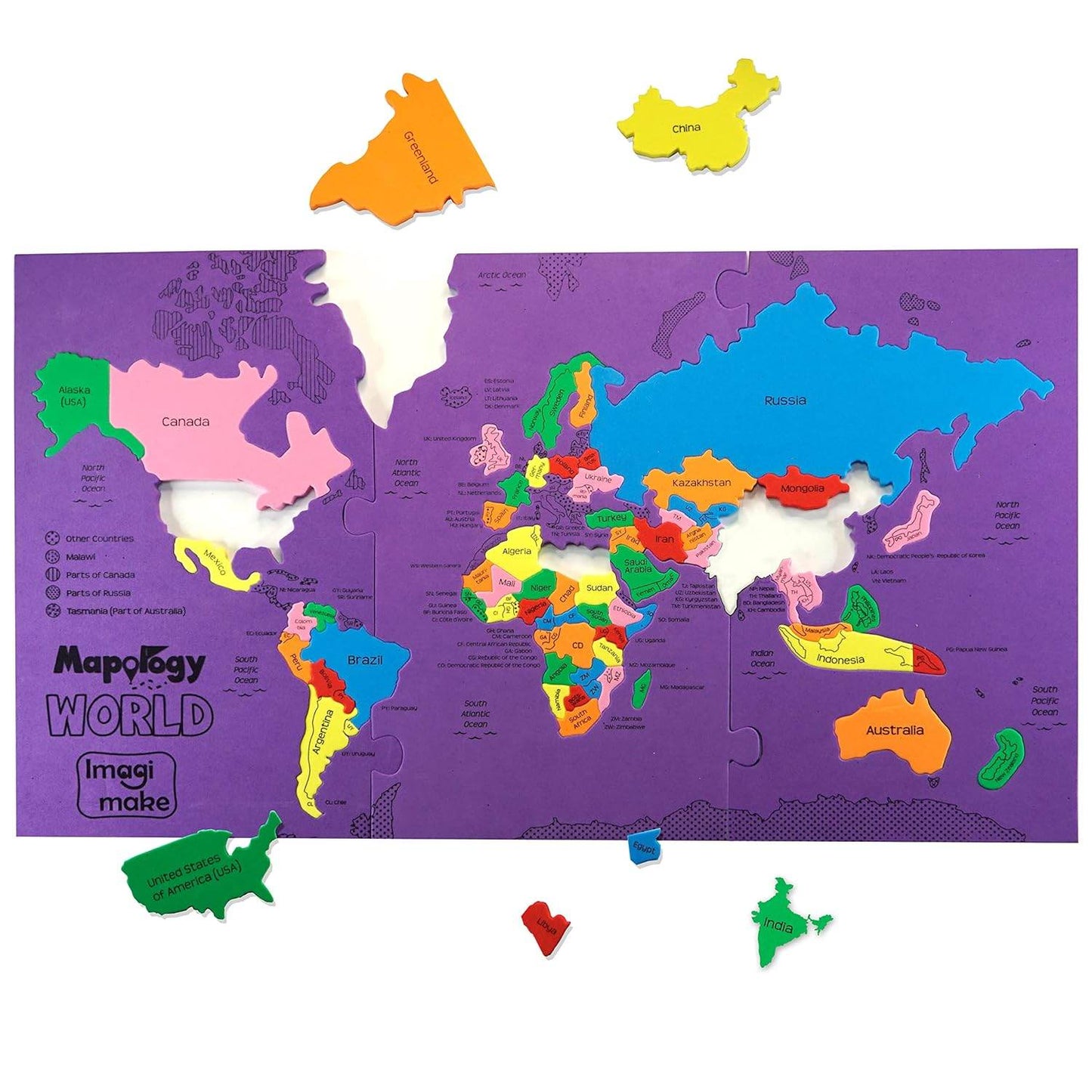 Colorful world map jigsaw puzzle for kids with removable country pieces on a purple background
