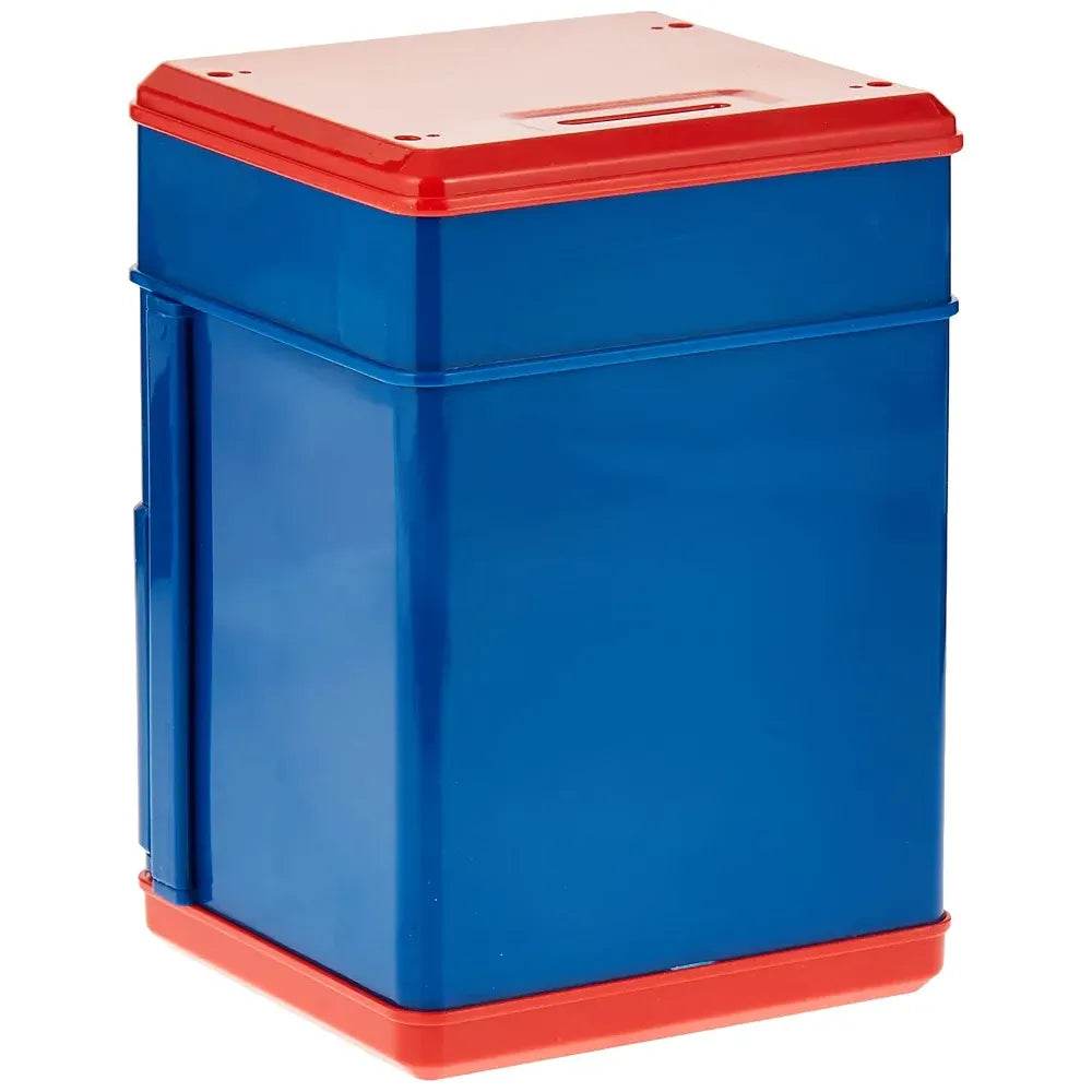 Blue and red Avengers piggy bank for children with a slot on top for coins