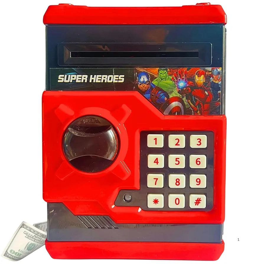 Avengers piggy bank for children featuring superhero-themed design with numeric keypad and coin slot
