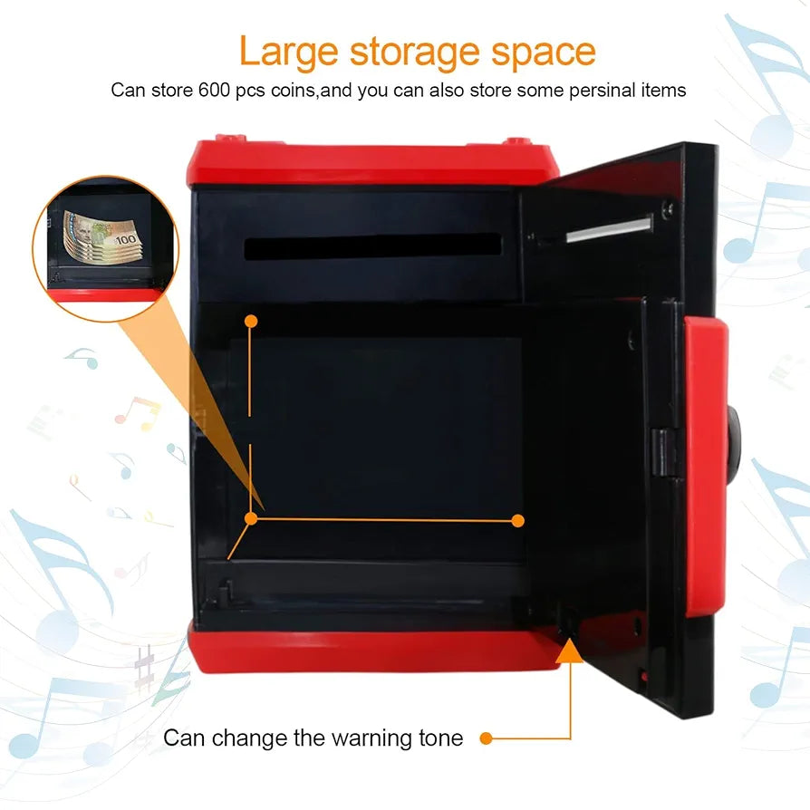 Open Avengers piggy bank for children showing large black storage space with red edges and coin slot