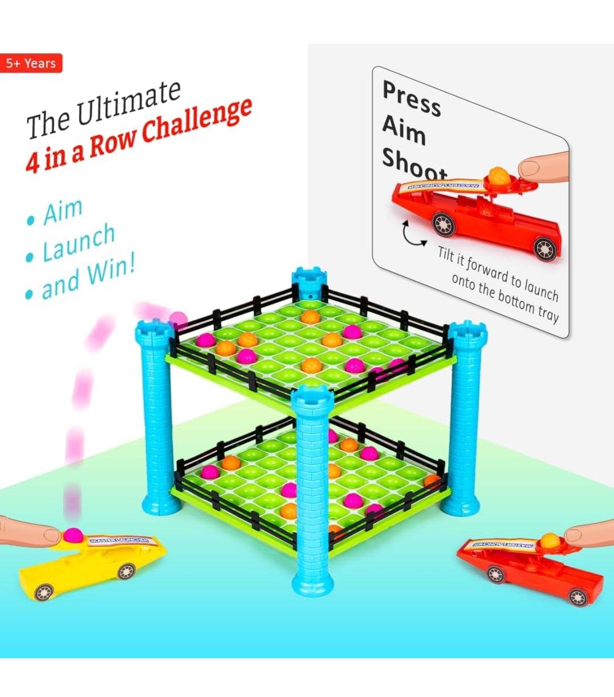 Prem Ratna 4 in a row launcher game for kids with colorful discs and car launchers on a two-level green grid board