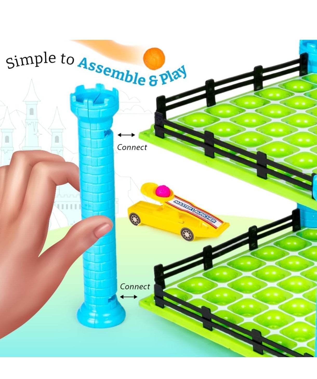 4 in a row launcher game for kids with blue tower, yellow launcher, and green game board with black fences