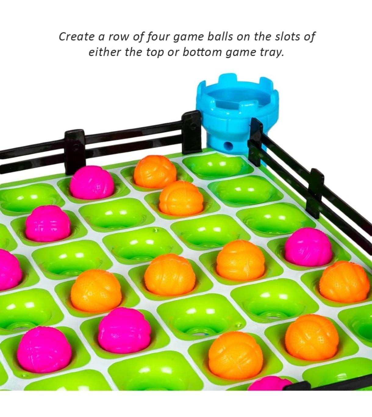 Colorful 4 in a row launcher game for kids with orange and pink game balls on green slots