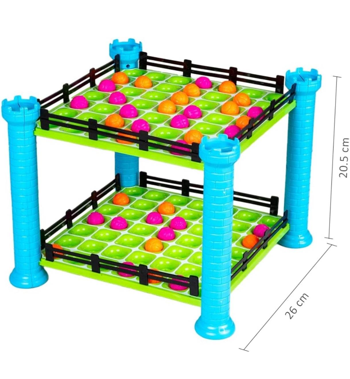 Prem Ratna 4 in a row launcher game for kids with double-level green board and colorful orange and pink pieces