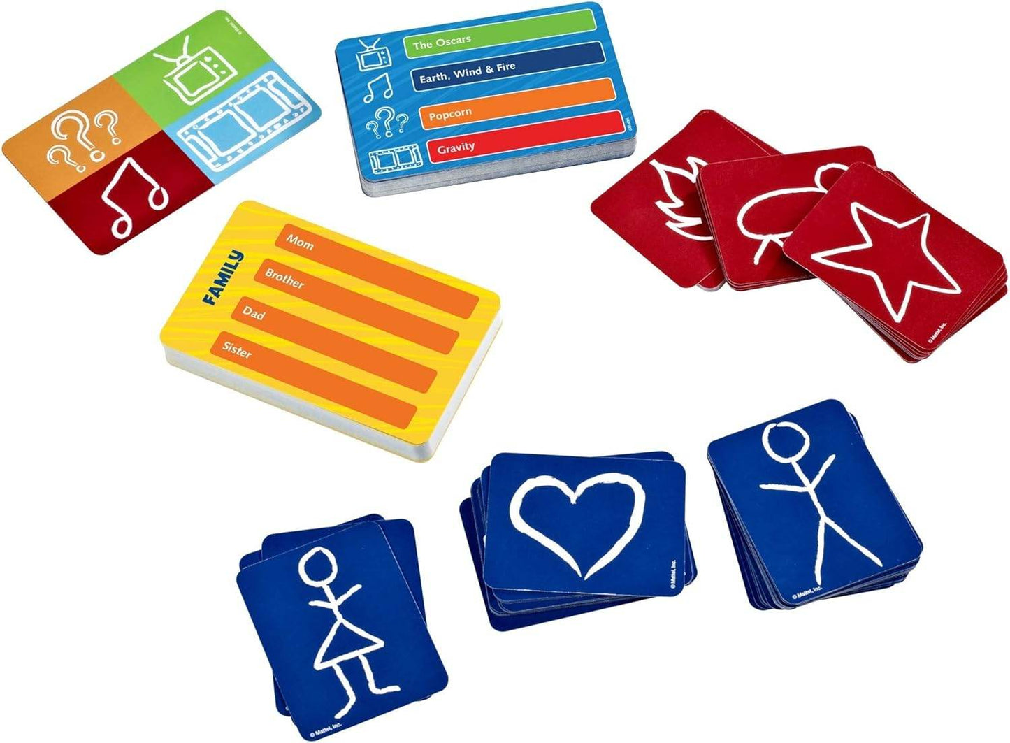 Pictionary card game for adults with colorful cards featuring drawings and word clues for interactive fun