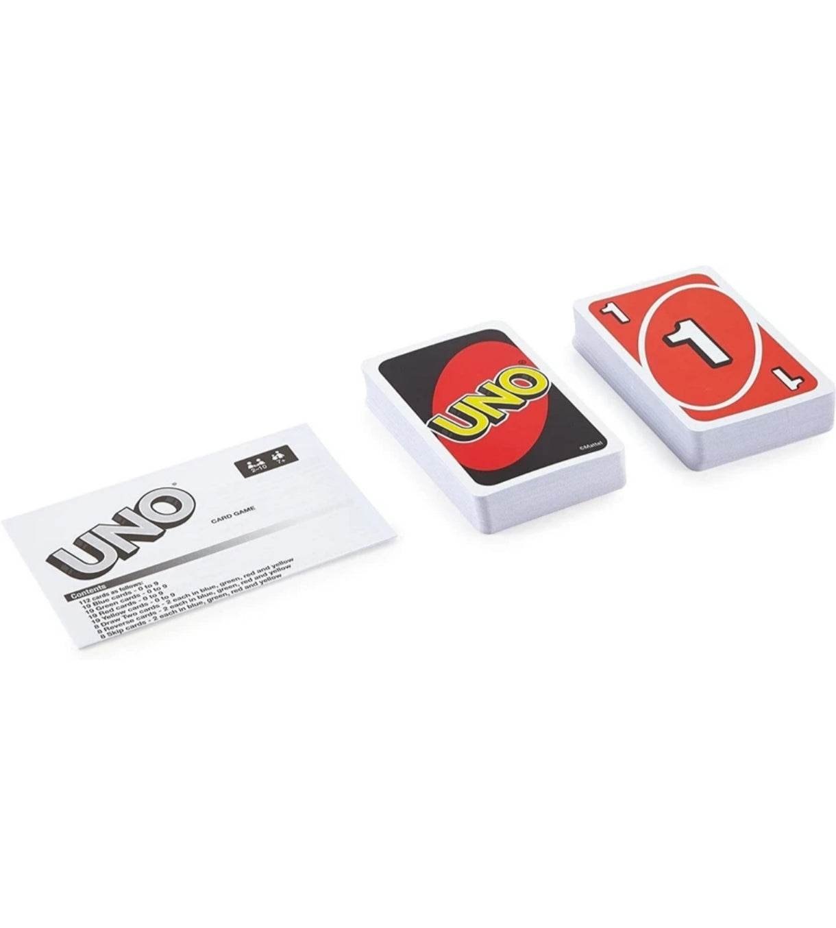 Mattel Uno card game 112 cards showing two card stacks and instruction sheet from T-Rex the toyland Sitamarhi