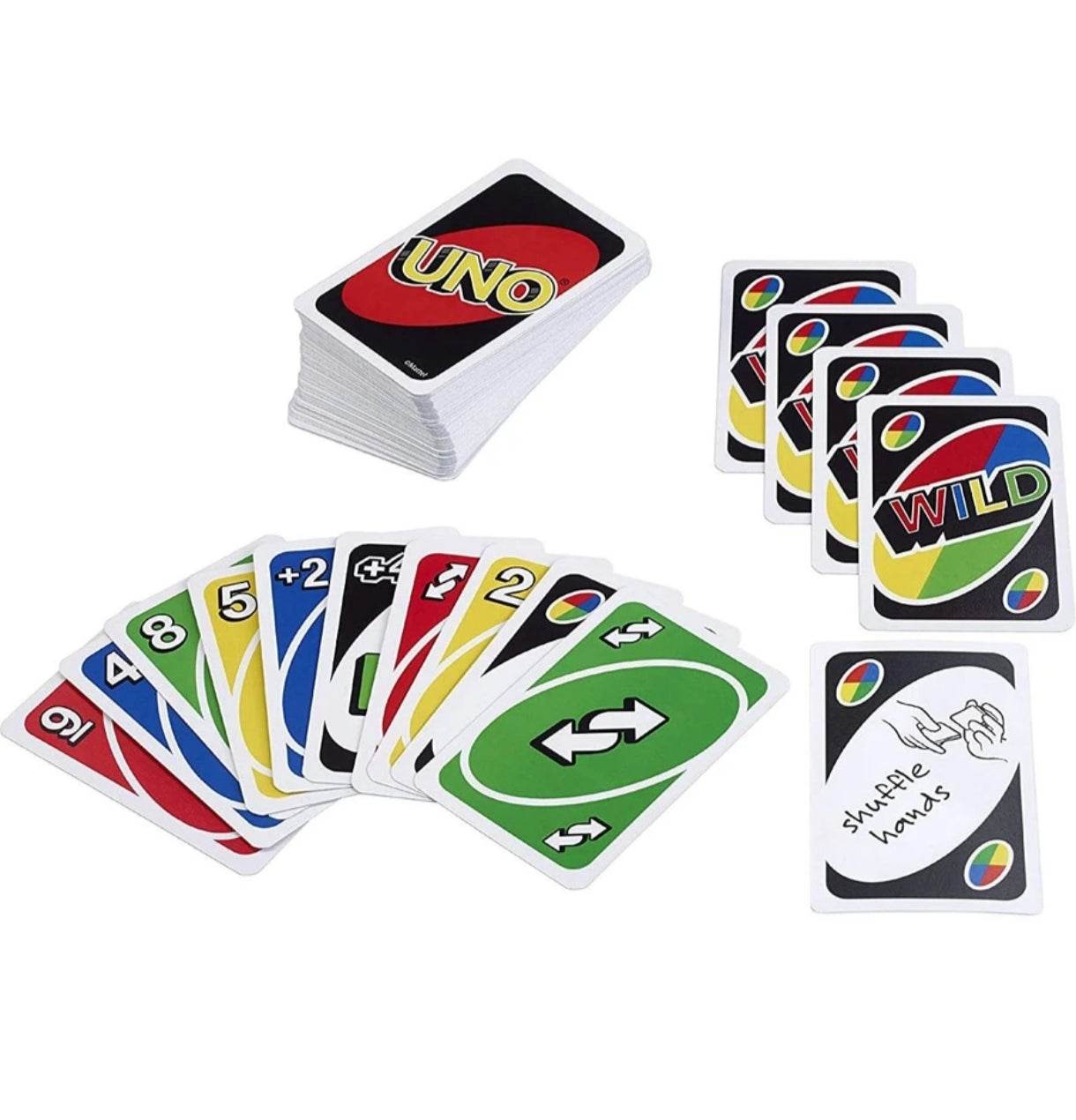 Mattel Uno card game 112 cards spread showing colorful number and action cards with deck stack
