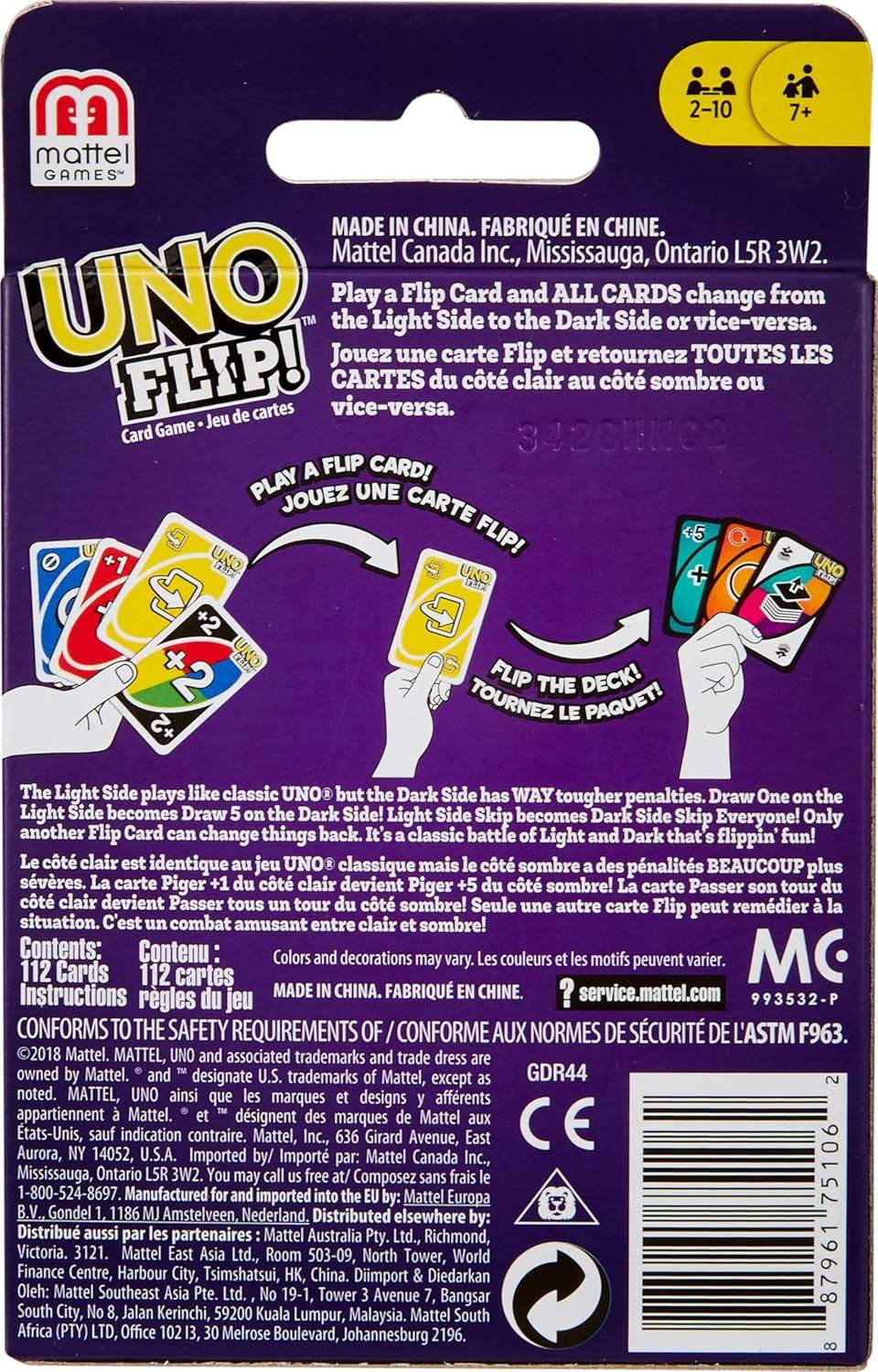 UNO Flip card game for kids packaging showing card flip instructions and gameplay details
