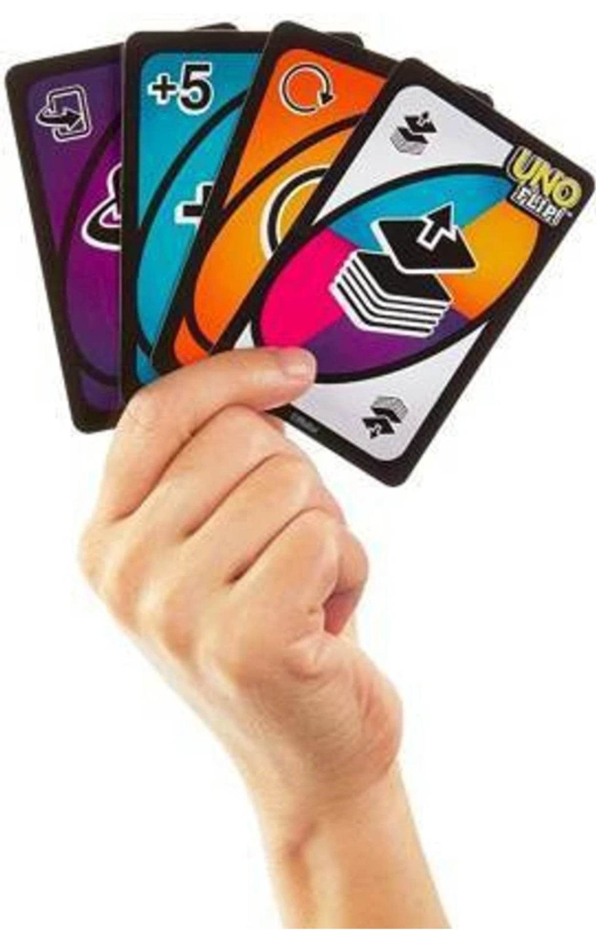 Hand holding UNO Flip card game for kids showing colorful action and number cards
