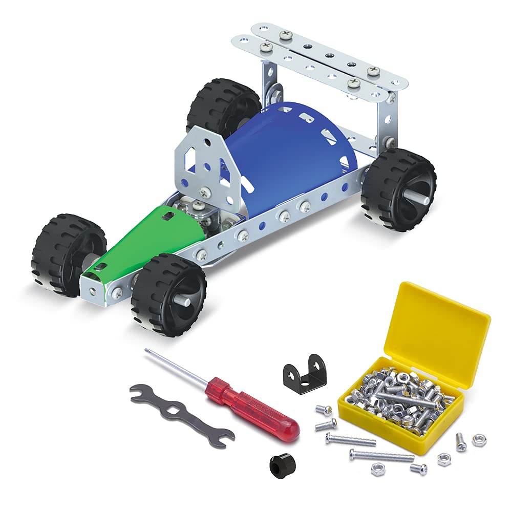 Mechanix 1 construction toy kit featuring metal car model with screws, wrench, screwdriver, and yellow box