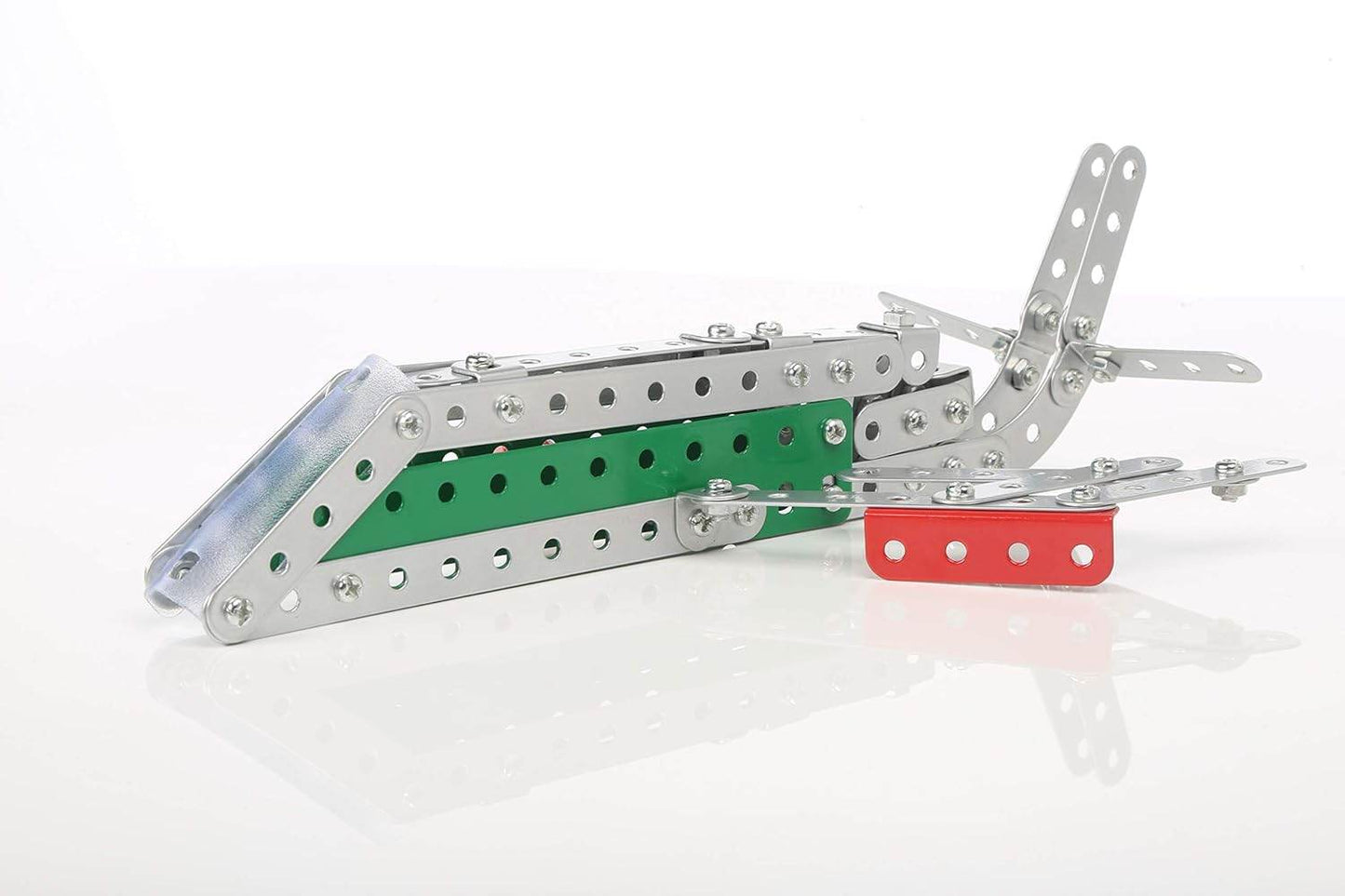 Mechanix 5 construction toy kit metal parts assembled in a mechanical model with green and red panels