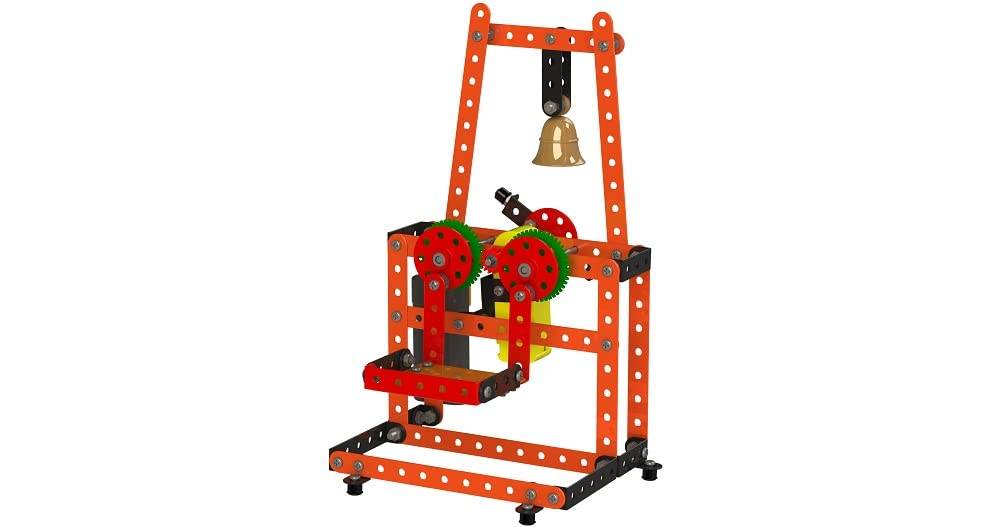 Mechanix Aarti construction set with orange metal parts, gears, and a hanging bell toy for creative building