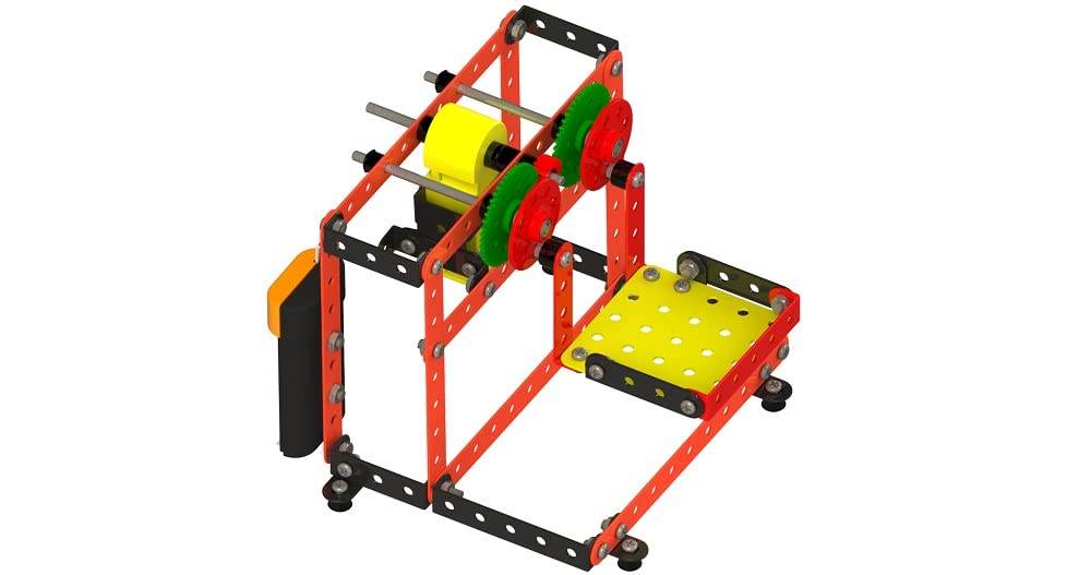 Mechanix Aarti construction set model with red and yellow metal parts and green gears assembled