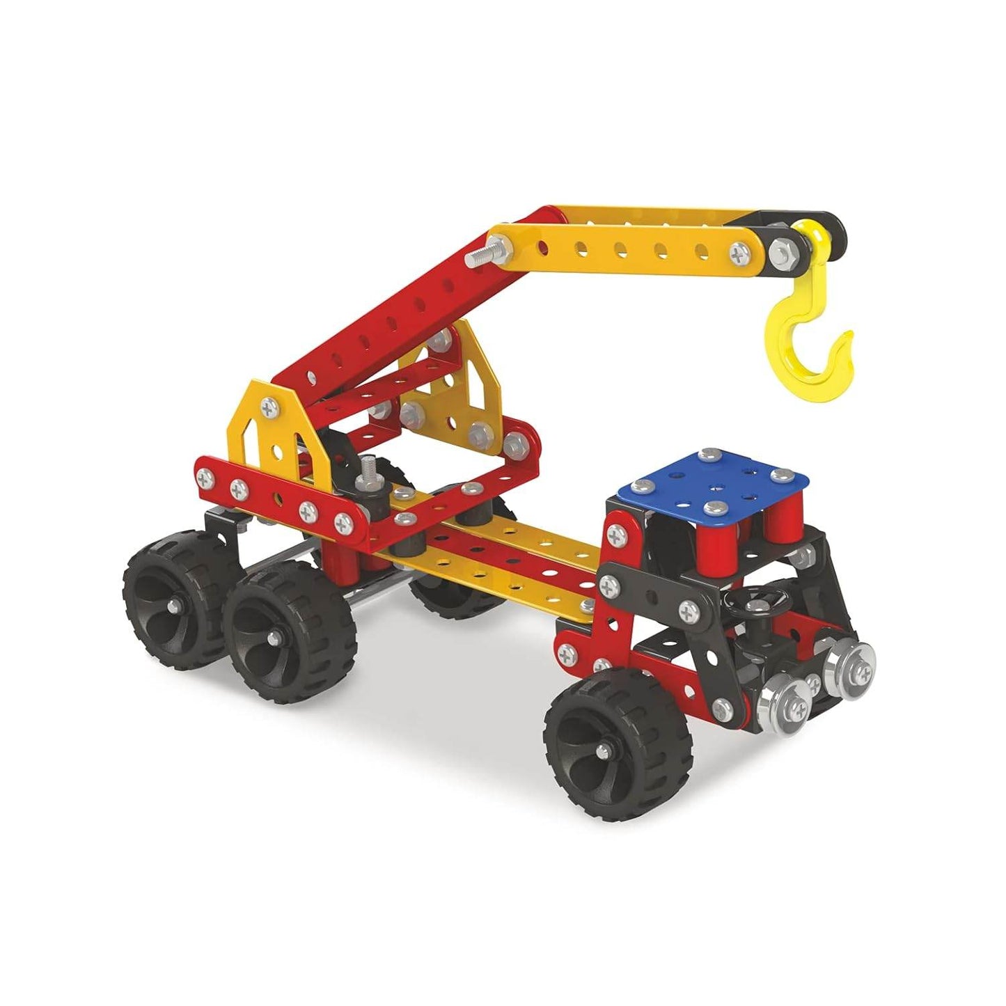 Mechanix Advance STEM toy crane truck model with colorful metal parts and black wheels