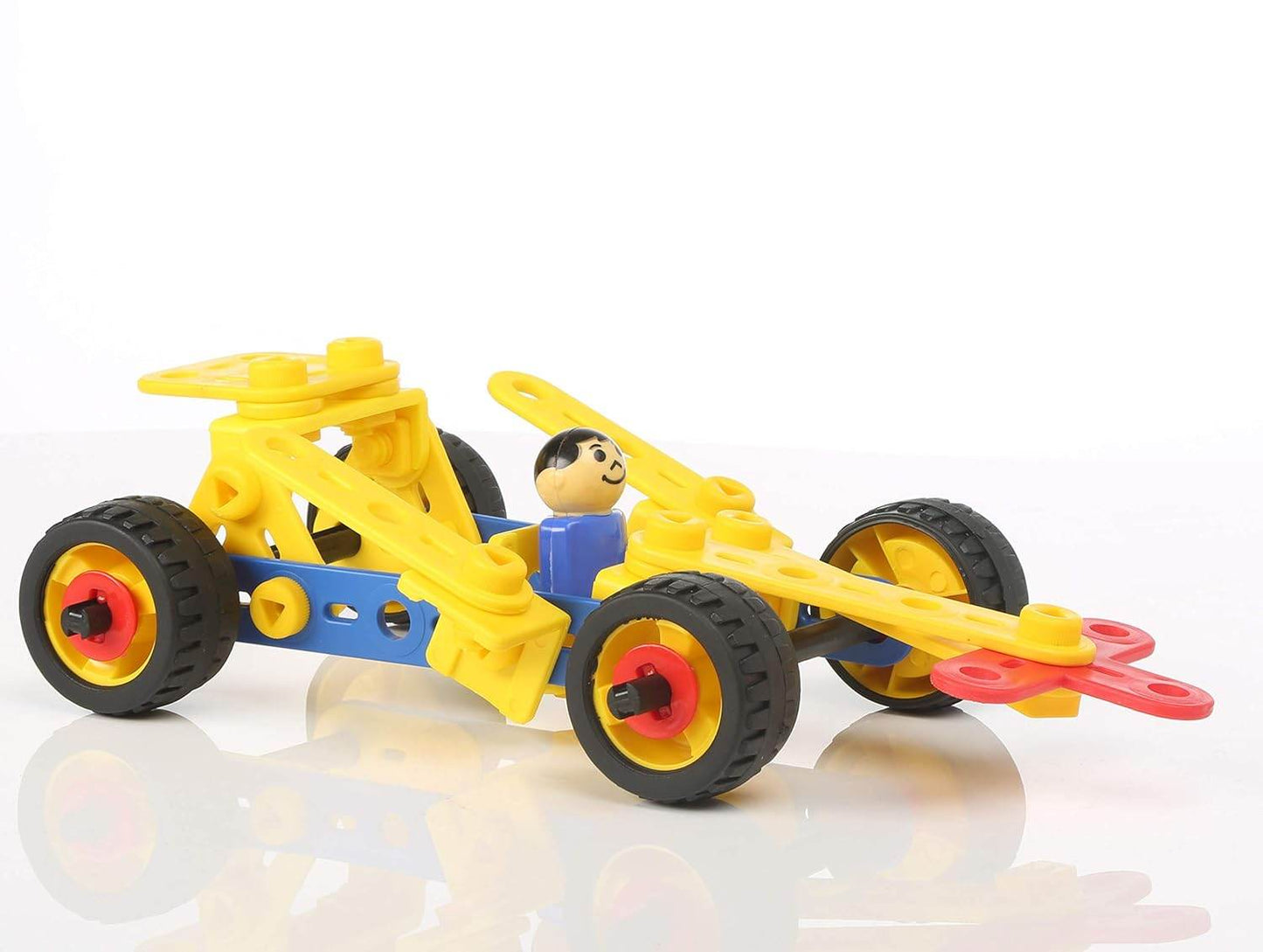 Yellow and blue plastic construction car toy with black wheels and a seated figure inside