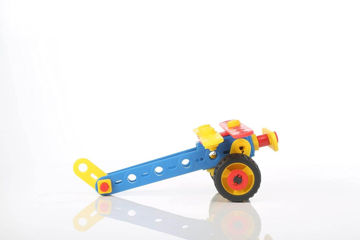 Colorful plastic construction set for children assembled toy vehicle with wheels and connecting parts