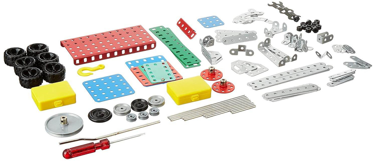 STEM building set for kids with metal parts screws wheels screwdriver and colorful base plates
