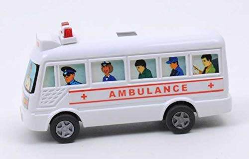 White mini ambulance toy for kids with red cross and cartoon driver and passengers on side