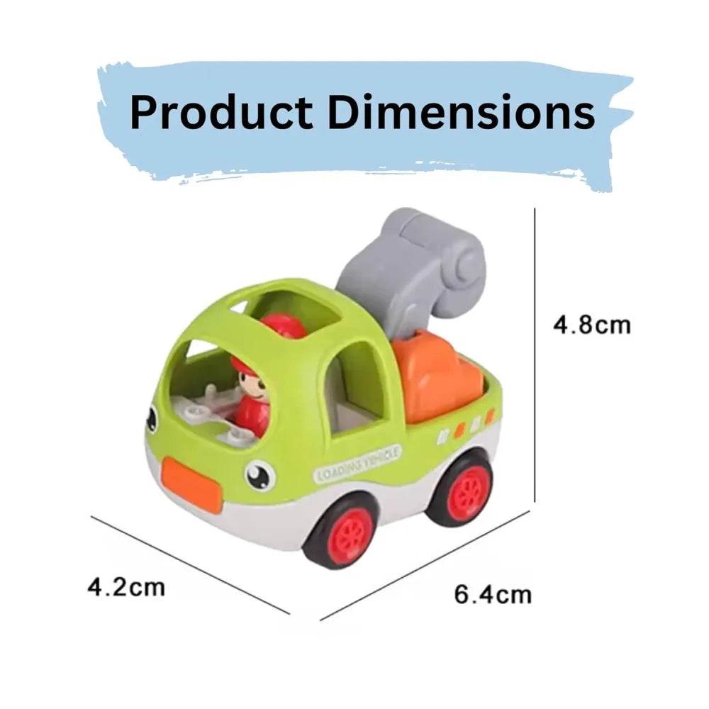 Mini green and orange construction vehicle toy with a driver figure showing product dimensions for mini construction vehicle toys