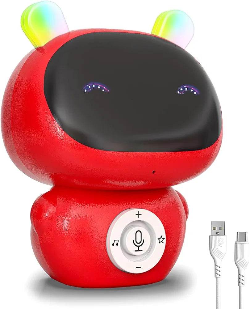 Mirana musical interactive robot toy for toddlers in red with colorful light-up ears and USB charging cable