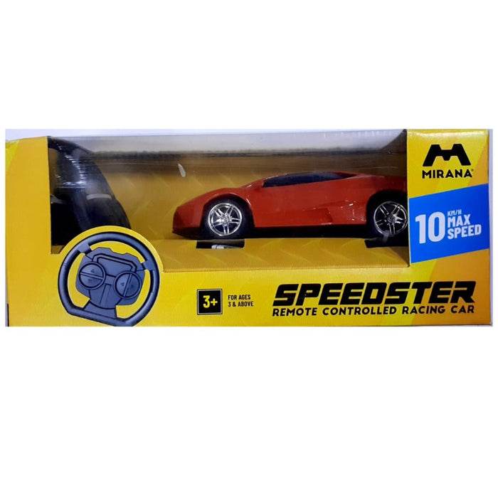 Mirana Speedster RC car in red with remote control and 10 km hour max speed in yellow packaging