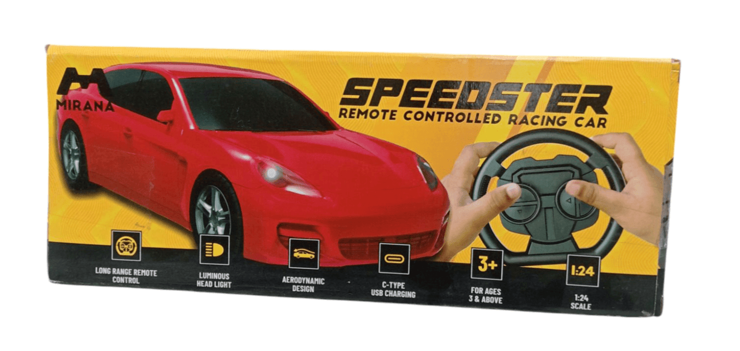 Mirana Speedster RC car red remote controlled racing car with round steering wheel controller on yellow box
