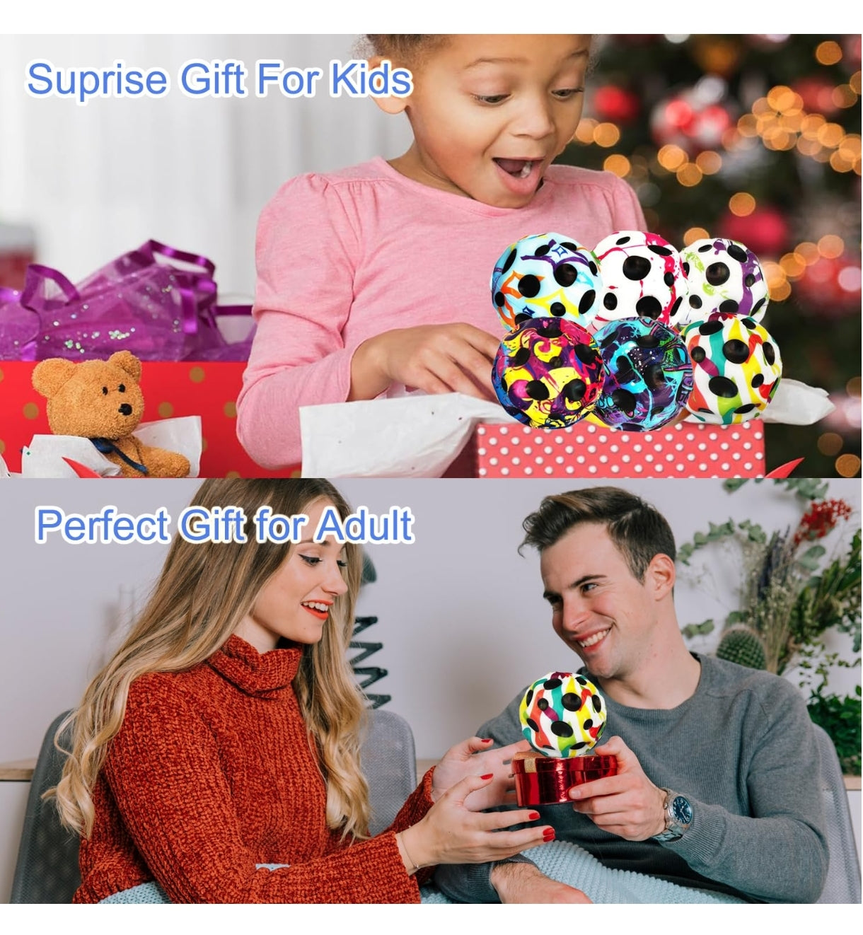 Colorful moon space bounce balls for kids from T-Rex The Toyland shown with excited child and adults gift exchange