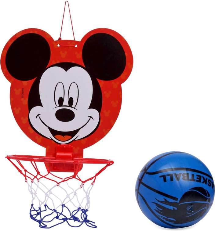 Mickey Mouse-themed basketball hoop set with a blue basketball