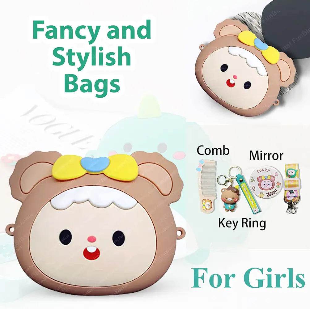 Cute children bag with accessories including comb, key ring, and mirror in bear design for girls