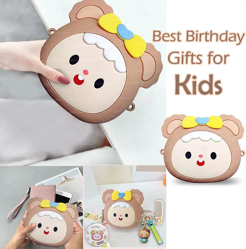Cute children bag with accessories featuring a bear face design with a yellow and blue bow