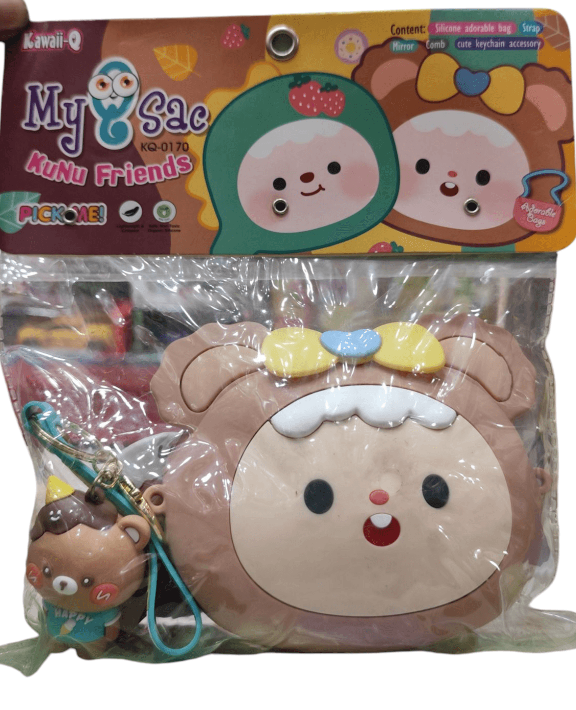 Cute children bag with accessories featuring a bear face design and matching keychain by T-Rex the toyland Sitamarhi