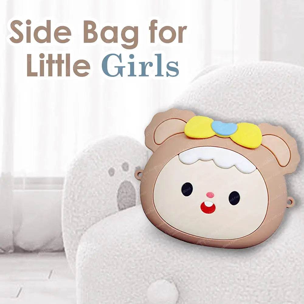 Cute children bag with accessories featuring a bear face design in soft brown and yellow bow