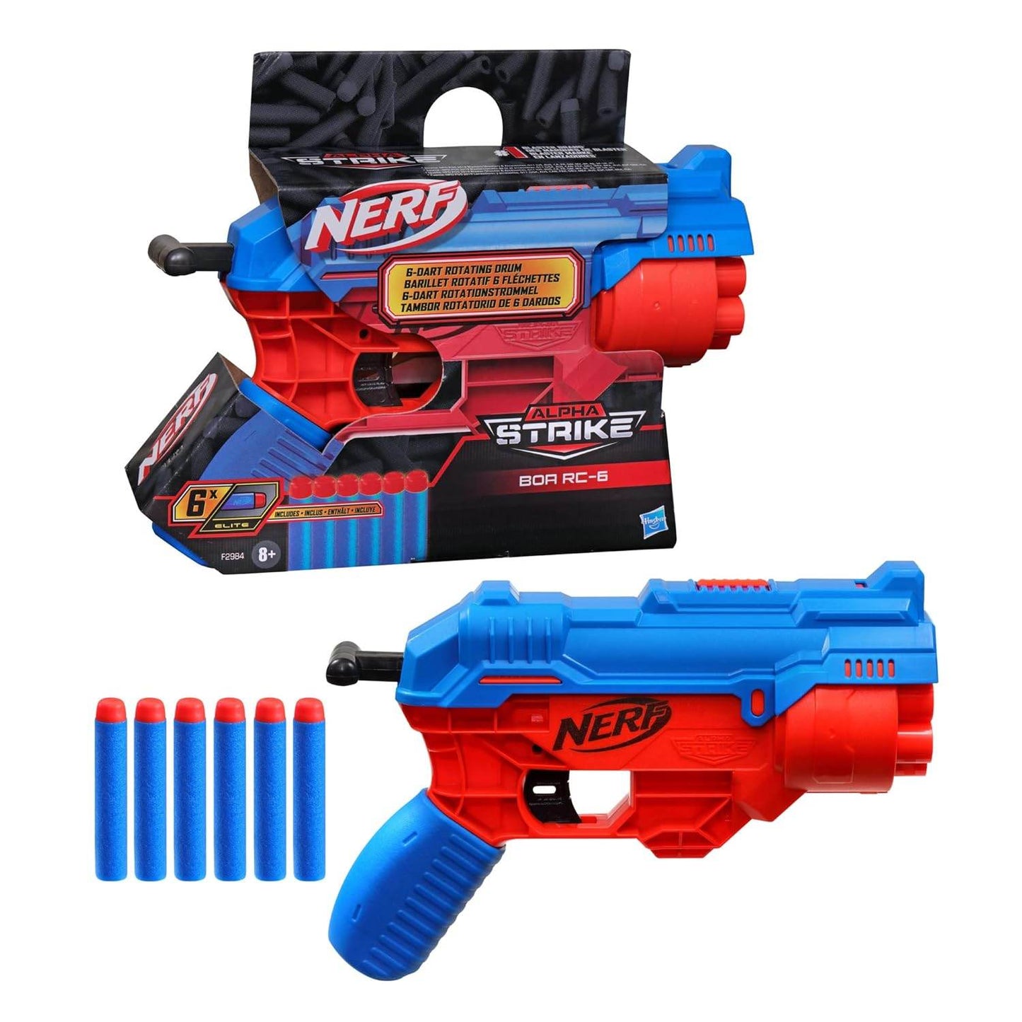 Hasbro Nerf Alpha Strike blaster in blue and red with six foam darts and rotating barrel
