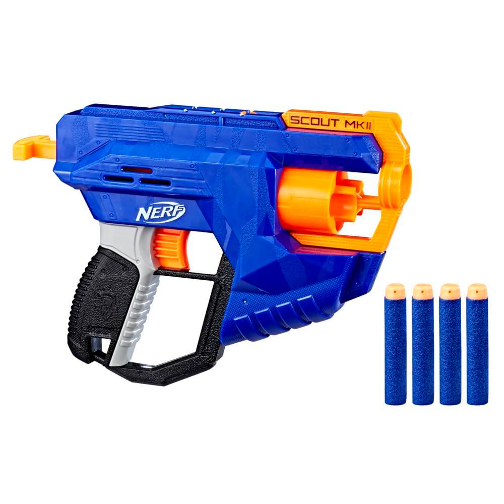 Blue and orange Nerf Scout MKII blaster with four foam darts best Nerf toys for kids