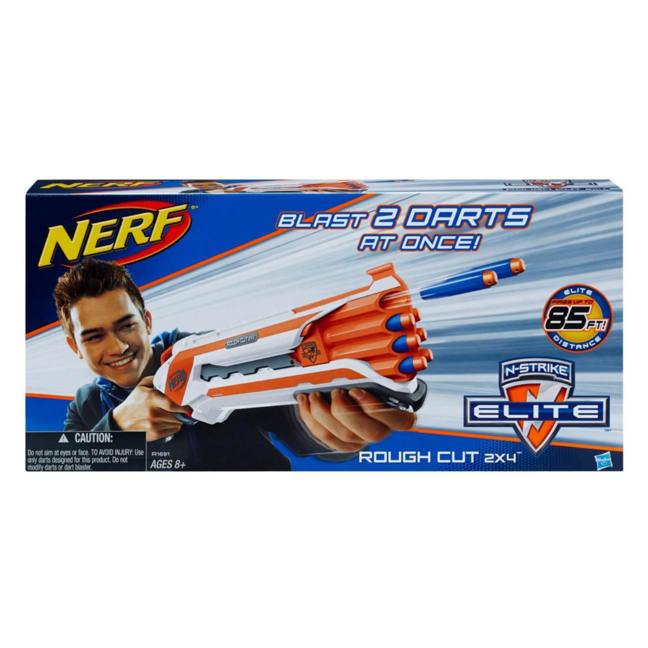 Nerf Rough Cut 2X4 Elite Blaster shooting two darts simultaneously with packaging showing vibrant design