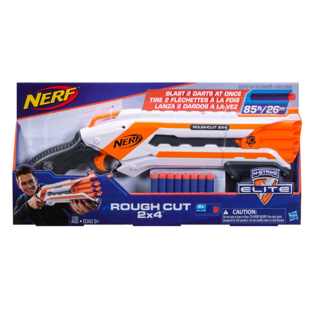 Nerf Rough Cut 2X4 Elite Blaster with orange and white design and included foam darts in packaging