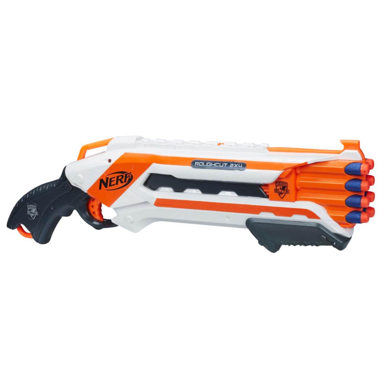 Nerf Rough Cut 2X4 Elite Blaster with white and orange design and multiple dart barrels