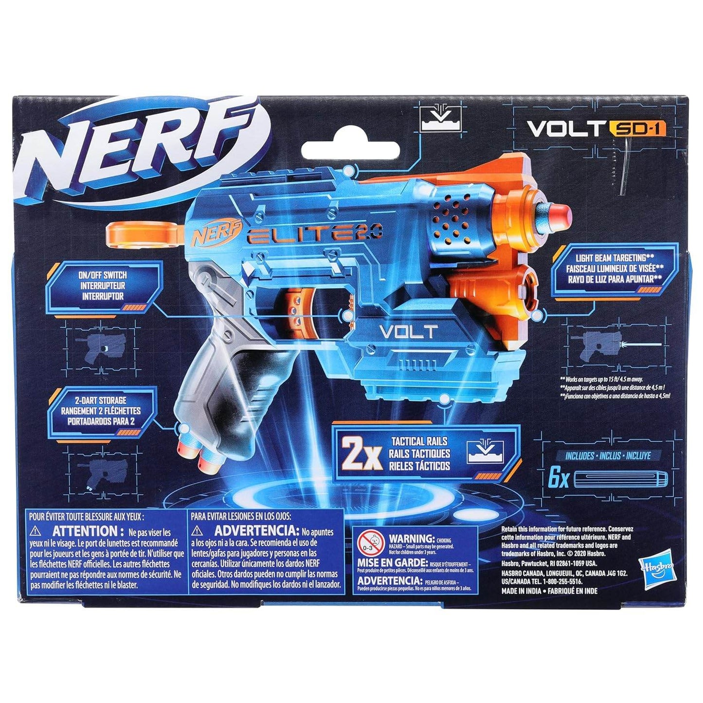 Hasbro NERF Volt SD-1 with darts toy gun in blue and orange with tactical rails and six darts included