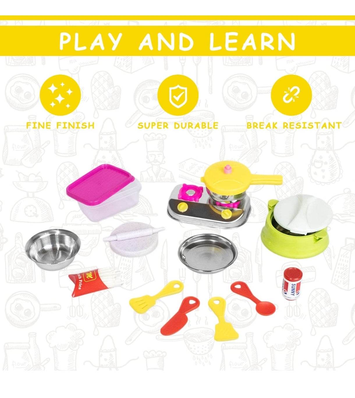 Kids kitchen set stainless steel playset with pots, pans, utensils, and accessories for children