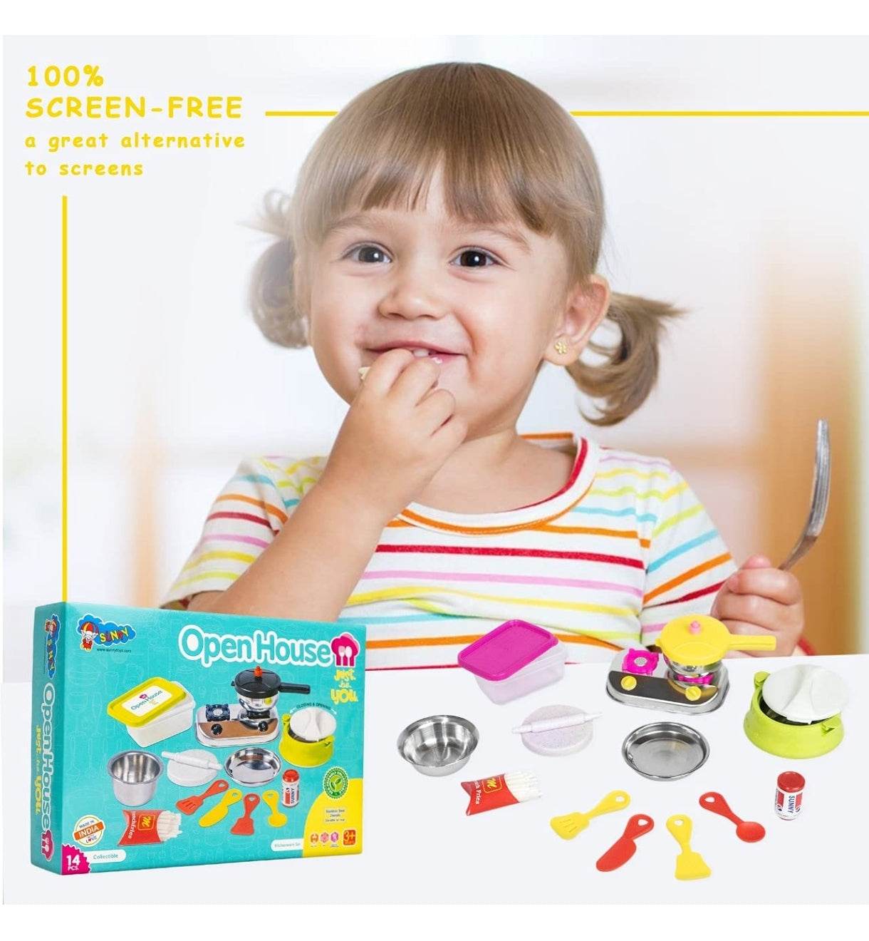 Child playing with kids kitchen set stainless steel toy cooking utensils and accessories
