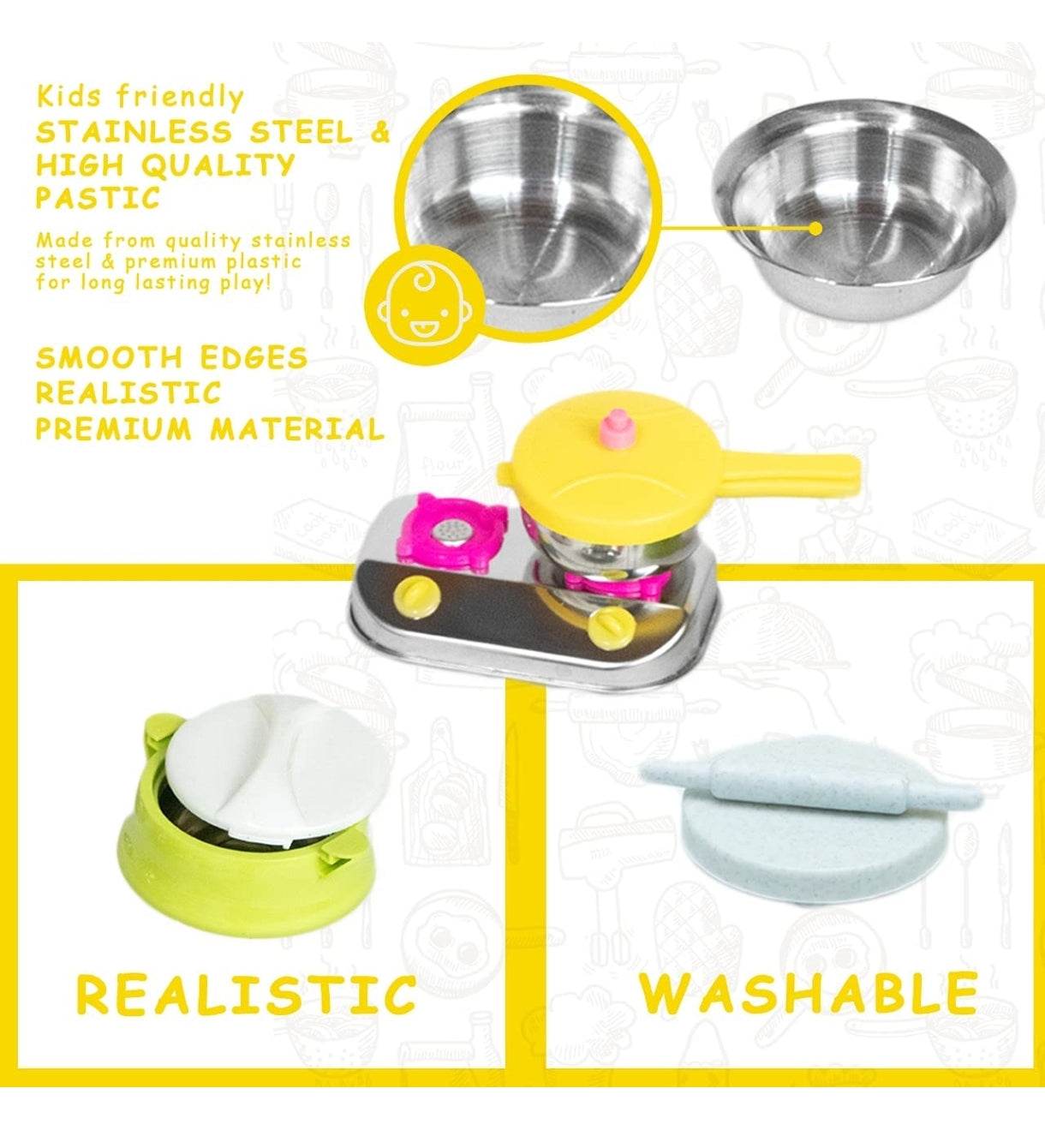 Kids kitchen set stainless steel with realistic pots, pan, stove, and utensils for safe play