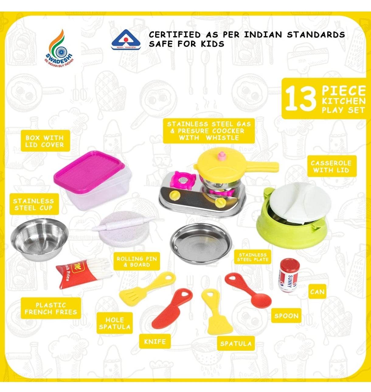 Kids kitchen set stainless steel 13 piece play set including cooker, casserole, utensils, and accessories
