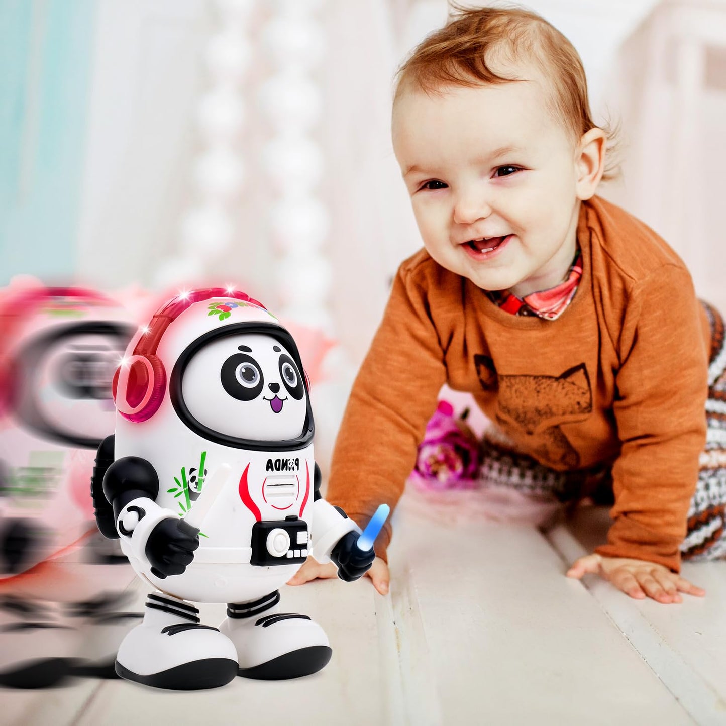 Panda stuffed toy with headphones for toddlers, engaging and interactive play companion