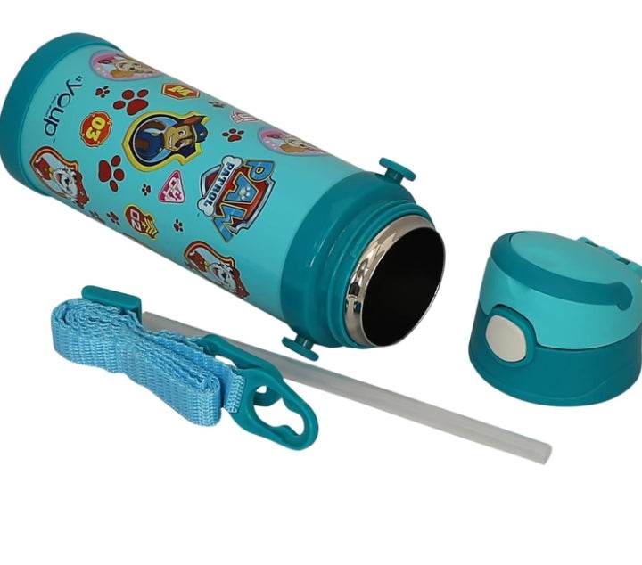 Paw Patrol insulated sipper bottle in blue with character stickers, detachable lid and strap