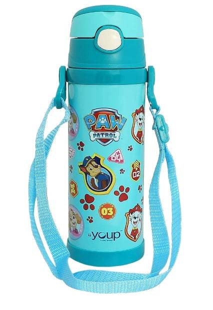 Blue Paw Patrol insulated sipper bottle with character designs and adjustable shoulder strap